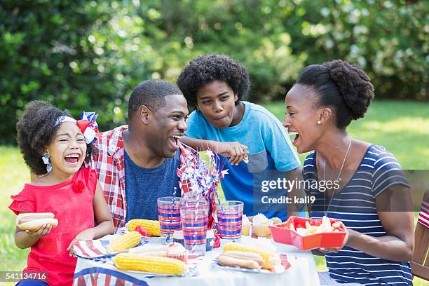 família afro-americana de raça mista no 4.º piquenique de julho - bbq family park imagens e fotografias de stock