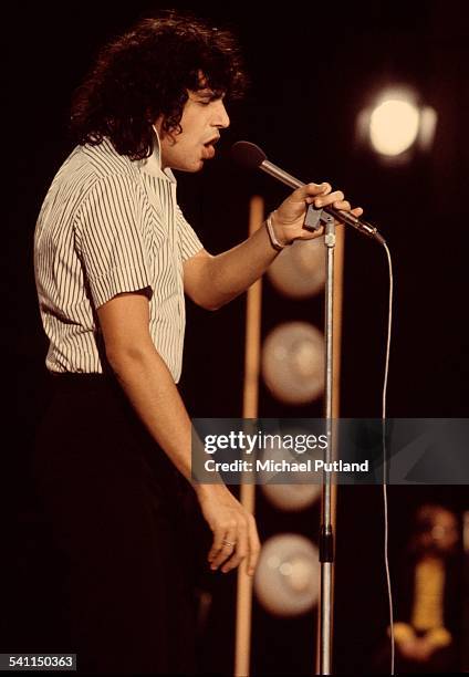 French singer and songwriter Julien Clerc appears on a TV show in Holland, 1974.
