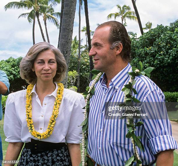 The Kings of Spain Juan Carlos of Borbon and Sofia of Greece in Honolulu, 23rd June 1988, Hawai, United States. .