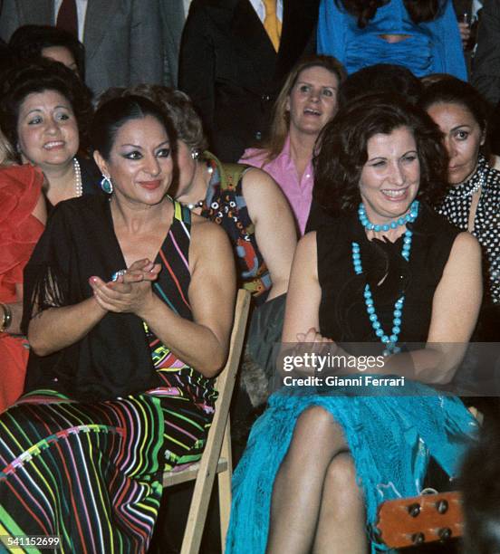 Carmen Franco, daughter of Francisco Franco, with the Spanish singer Lola Flores in the "Feria de Sevilla" Seville, Andalusia, .