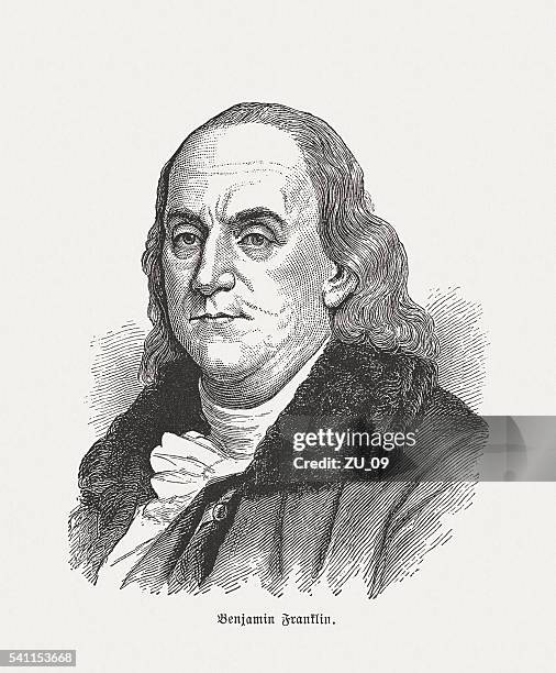 benjamin franklin (1706-1790), wood engraving, published in 1884 - benjamin franklin stock illustrations