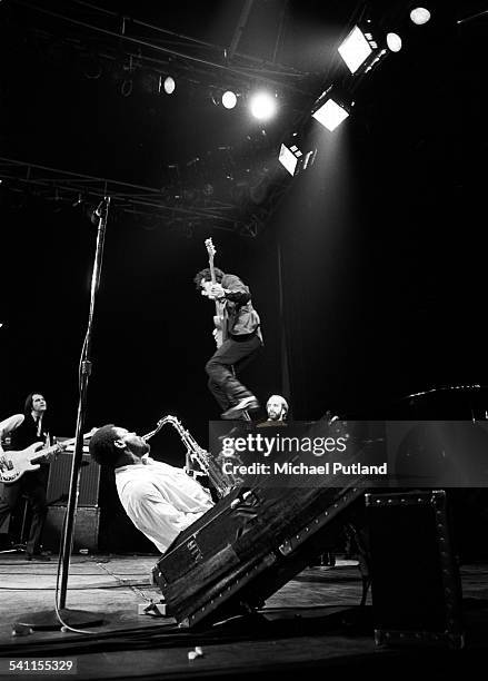 American musician Clarence Clemons and singer Bruce Springsteen with the East Street Band on stage during their West Coast tour of the USA, 1978.