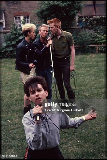 Depeche Mode in the grounds of Blackwing Studios, London, 17 June 1981. L-R Martin Gore, Vince Clark, Andy Fletcher, Dave Gahan.