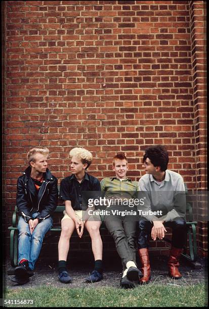 Depeche Mode in the grounds of Blackwing Studios, London, 17 June 1981. L-R Vince Clark, Martin Gore, Andy Fletcher, Dave Gahan.