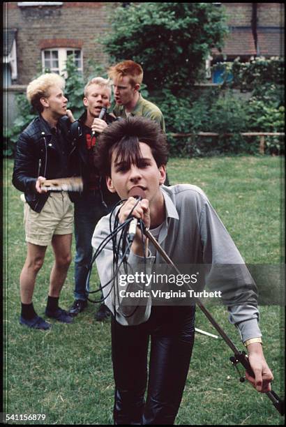 Depeche Mode in the grounds of Blackwing Studios, London, 17 June 1981. L-R Martin Gore, Vince Clark, Andy Fletcher, Dave Gahan.
