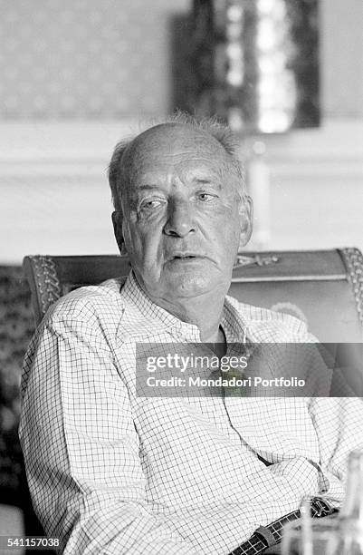 Portrait of Russian-American writer Vladimir Nabokov sitting in a room of Montreux Palace Hotel, where he is staying. Montreux , 1973