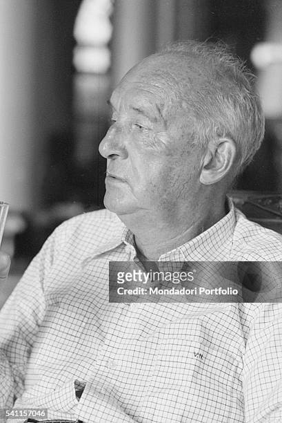 Portrait of Russian-American writer Vladimir Nabokov in Montreux Palace Hotel, where he is staying. Montreux , 1973