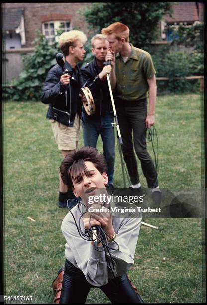 Depeche Mode in the grounds of Blackwing Studios, London, 17 June 1981. L-R Martin Gore, Vince Clark, Andy Fletcher, Dave Gahan.