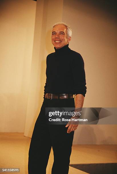 American fashion designer Ralph Lauren on the catwalk after his fashion show, USA, circa 1995.