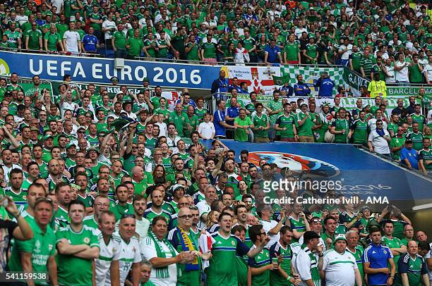 Northern Ireland fans during the UEFA EURO 2016 Group C match between Ukraine and Northern Ireland at Stade des Lumieres on June 16, 2016 in Lyon,...