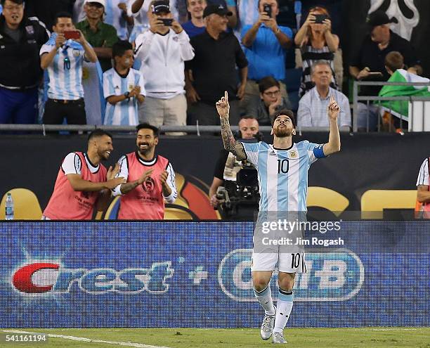 Lionel Messi of Argentina celebrates his goal in the second half during the 2016 Copa America Centenario quarterfinal match against Venezuela at...