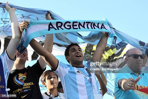 Fans of Argentina react before the 2016 Copa America Centenario quarterfinal match against Venezuela at Gillette Stadium on June 18, 2016 in Foxboro,...