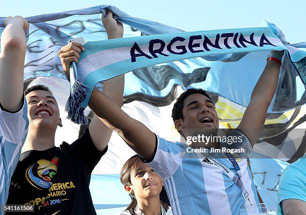Fans of Argentina react before the 2016 Copa America Centenario quarterfinal match against Venezuela at Gillette Stadium on June 18, 2016 in Foxboro,...