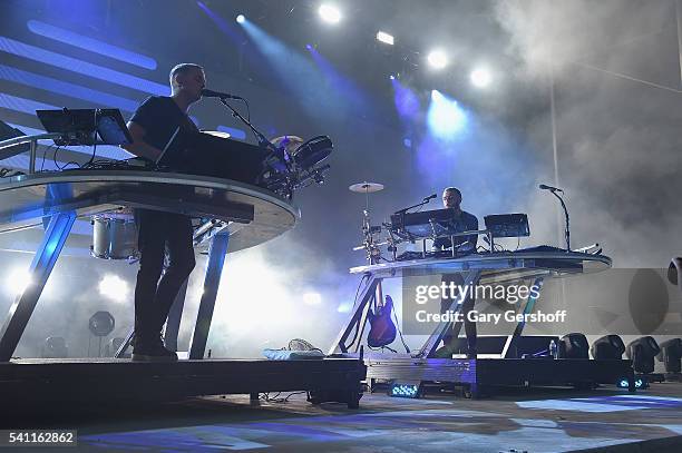 Musicians Guy Lawrence and Howard Lawrence of the band Disclosure perform on stage during the 2nd Annual Wild Life Festival at Forest Hills Stadium...