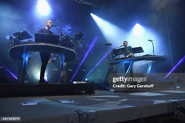 Musicians Guy Lawrence and Howard Lawrence of the band Disclosure perform on stage during the 2nd Annual Wild Life Festival at Forest Hills Stadium...