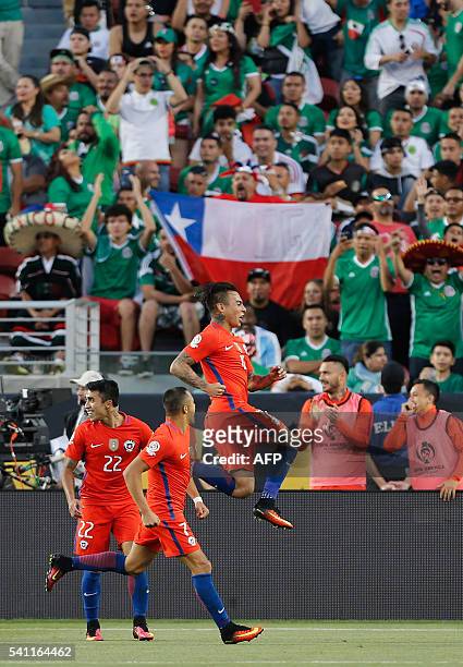 Chile's Eduardo Vargas celebrates a goal against Mexico during a Copa America Centenario quarterfinal football match in Santa Clara, California,...