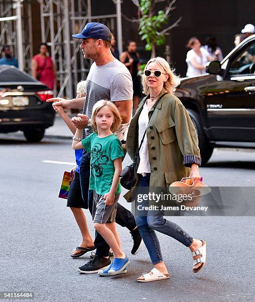 Alexander Schreiber, Liev Schreiber, Samuel Schreiber and Naomi Watts seen walking in Times Square after attending the Broadway musical Hamilton on...