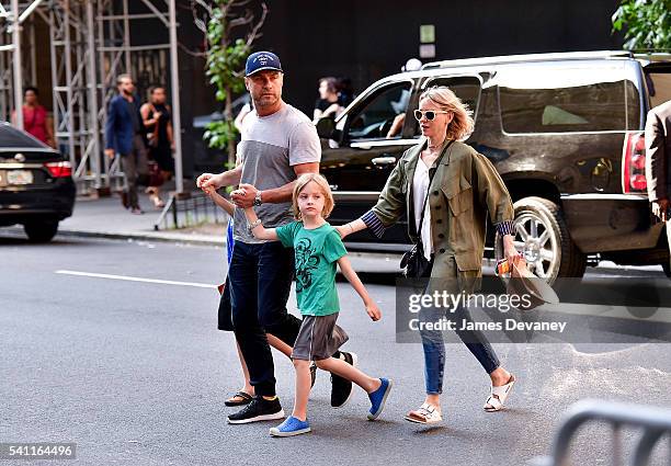 Alexander Schreiber, Liev Schreiber, Samuel Schreiber and Naomi Watts seen walking in Times Square after attending the Broadway musical Hamilton on...