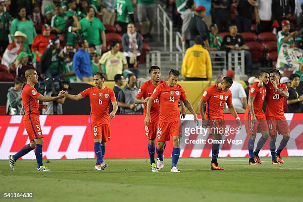 Alexis Sanchez of Chile celebrates after scoring the third goal of his team during a Quarterfinal match between Mexico and Chile at Levi's Stadium as...