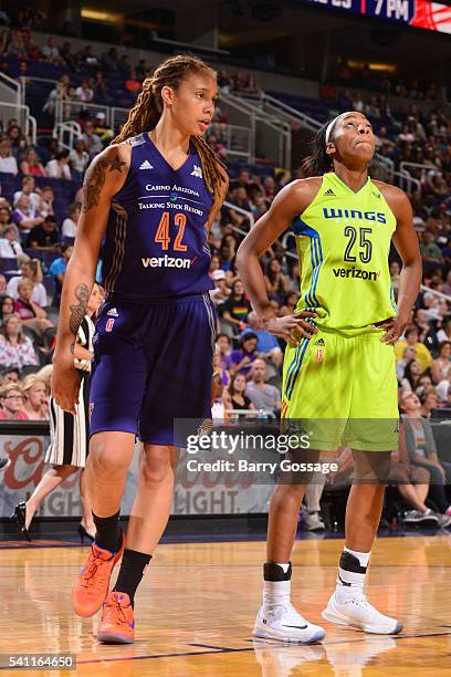Brittney Griner of the Phoenix Mercury and Glory Johnson of the Dallas Wings during the game on June 18, 2016 at Talking Stick Resort Arena in...