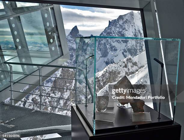 Display case with three crystals from the Monte Bianco range, in the permanent exhibition set up in the Hans Marguerettaz hall of Pointe Helbronner...