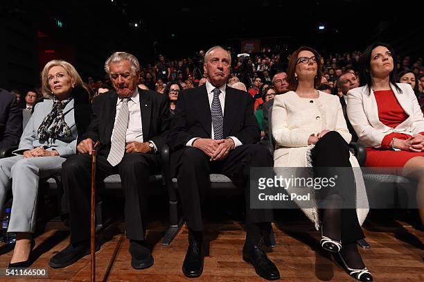 Former prime ministers Bob Hawke, Paul Keating and Julia Gillard wait to listen to Leader of the Opposition Bill Shorten at the Labor campaign launch...
