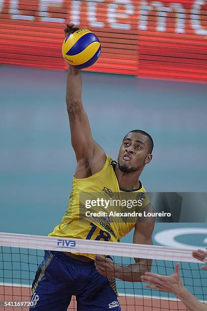 Lucarelli of Brazil spikes de ball during the match between Brasil and USA on the FIVB World League 2016 - Day 3 at Carioca Arena 1 on June 18, 2016...