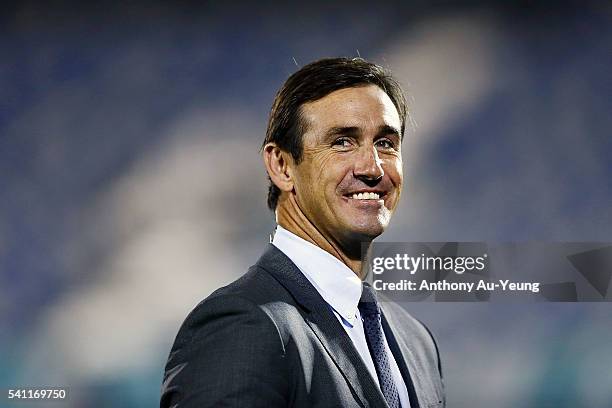 Great Andrew Johns looks on prior to the round 15 NRL match between the New Zealand Warriors and the Sydney Roosters at Mt Smart Stadium on June 19,...