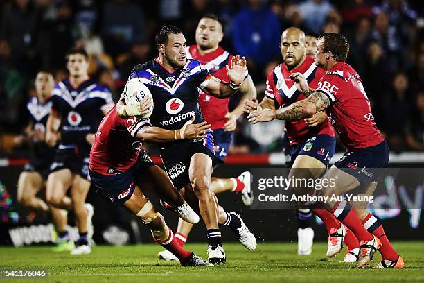 Bodene Thompson of the Warriors makes a break during the round 15 NRL match between the New Zealand Warriors and the Sydney Roosters at Mt Smart...