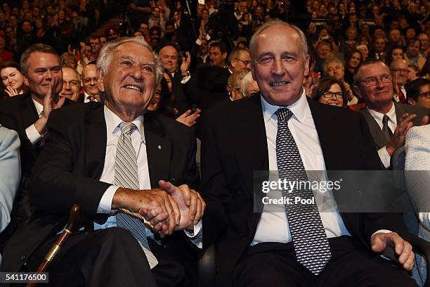 Former prime ministers Bob Hawke and Paul Keating wait for Leader of the Opposition Bill Shorten at the Labor campaign launch at the Joan Sutherland...