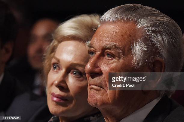 Former prime minister Bob Hawke and wife Blanche D' Alpuget wait for Leader of the Opposition Bill Shorten at the Labor campaign launch at the Joan...