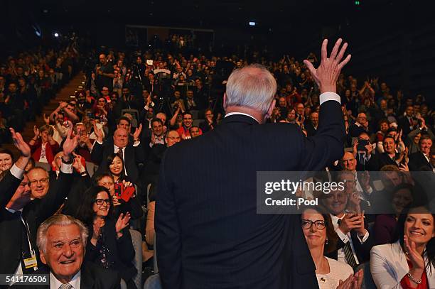 Former prime minister Paul Keating is introduced by the Leader of the Opposition Bill Shorten at the Labor campaign launch at the Joan Sutherland...