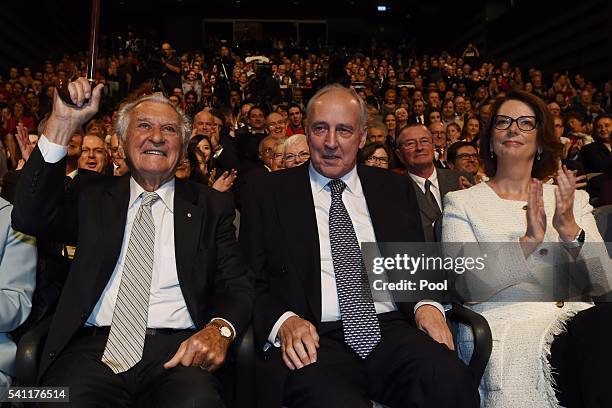 Former prime ministers Bob Hawke, Paul Keating and Julia Gillard wait for Leader of the Opposition Bill Shorten at the Labor campaign launch at the...