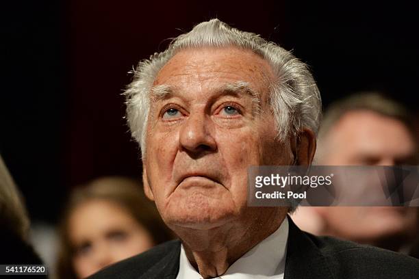 Former prime minister Bob Hawke waits for Leader of the Opposition Bill Shorten at the Labor campaign launch at the Joan Sutherland Performing Arts...