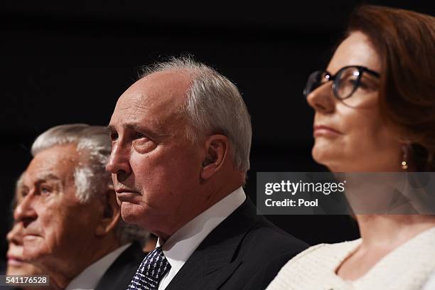 Former prime ministers Bob Hawke, Paul Keating and Julia Gillard wait for Leader of the Opposition Bill Shorten at the Labor campaign launch at the...