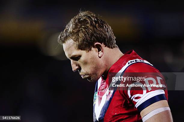 Mitchell Aubusson of the Roosters reacts during the round 15 NRL match between the New Zealand Warriors and the Sydney Roosters at Mt Smart Stadium...