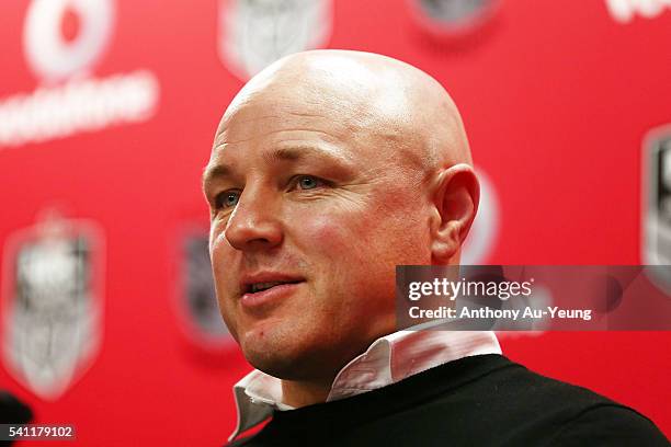 Head Coach Andrew McFadden of the Roosters fronts the media after the round 15 NRL match between the New Zealand Warriors and the Sydney Roosters at...