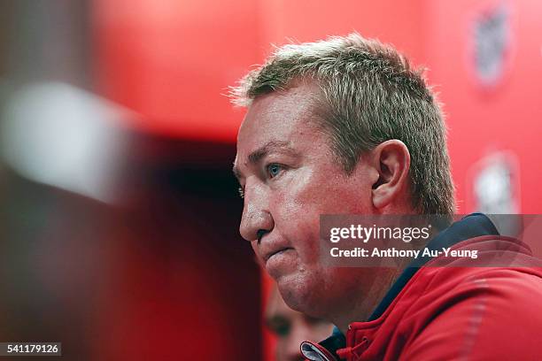 Head Coach Trent Robinson of the Roosters fronts the media after the round 15 NRL match between the New Zealand Warriors and the Sydney Roosters at...