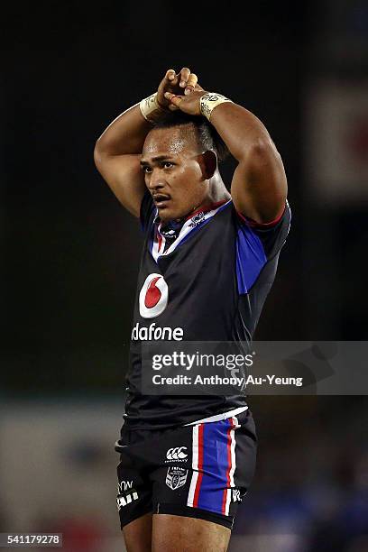 Solomone Kata of the Warriors looks on during the round 15 NRL match between the New Zealand Warriors and the Sydney Roosters at Mt Smart Stadium on...