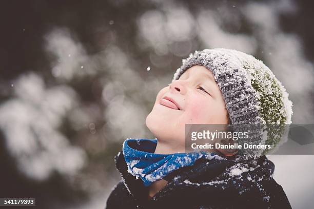 boy catching a snowflake on his tongue - catching snowflakes stock pictures, royalty-free photos & images