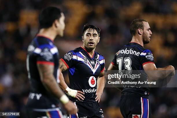 Shaun Johnson of the Warriors looks on during the round 15 NRL match between the New Zealand Warriors and the Sydney Roosters at Mt Smart Stadium on...