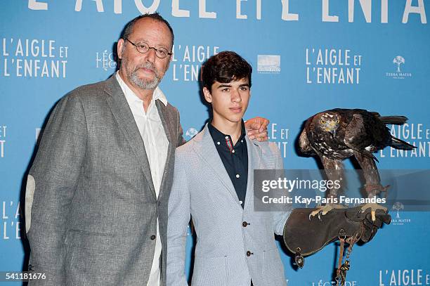 Jean Reno and Manuel Camacho attends the 'L Aigle et L Enfant' Photocall at the cinema Gaumont Capucines on June 19, 2016 in Paris, France.