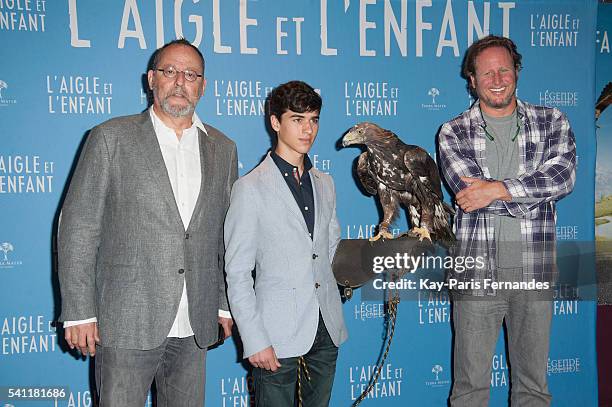 Jean Reno, Manuel Camacho and attend the 'L Aigle et L Enfant' Photocall at the cinema Gaumont Capucines on June 19, 2016 in Paris, France.