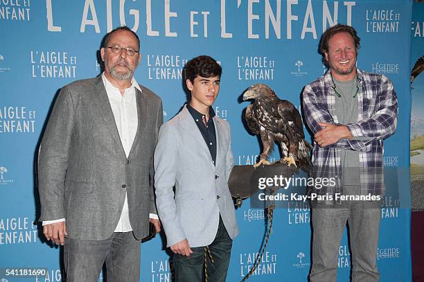 Jean Reno, Manuel Camacho and attend the 'L Aigle et L Enfant' Photocall at the cinema Gaumont Capucines on June 19, 2016 in Paris, France.