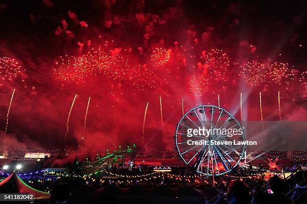 General view of fireworks during the 20th annual Electric Daisy Carnival at Las Vegas Motor Speedway on June 18, 2016 in Las Vegas, Nevada.