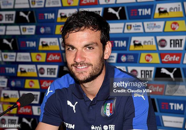 Marco Parolo of Italy speaks with the media during a press conference at Casa Azzurri on June 19, 2016 in Lyon, France.
