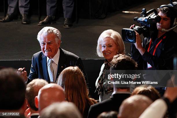 Former prime minister Bob Hawke and wife Blanche D' Alpuget arrive at the Australian Labor Party 2016 Federal Campaign Launch at the Joan Sutherland...