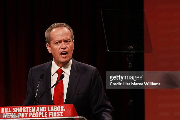 Australian Labor Leader Bill Shorten speaks during the Australian Labor Party 2016 Federal Campaign Launch at the Joan Sutherland Performing Arts...