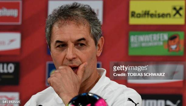 Austria's coach Marcel Koller addresses a press conference at their training ground in Mallemort, southern France, on June 19 during the Euro 2016...