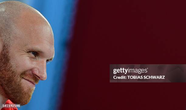 Austria's goalkeeper Robert Almer addresses a press conference at their training ground in Mallemort, southern France, on June 19 during the Euro...